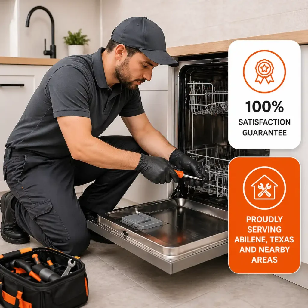 Technician repairing dishwasher in Abilene TX providing fast and reliable appliance repair service