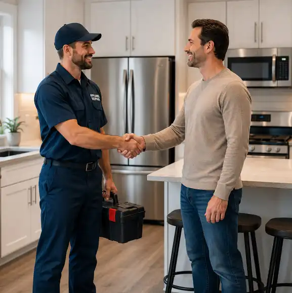 Professional appliance repair technician shaking hands with customer in a modern kitchen while holding a toolbox with home appliances in the background.